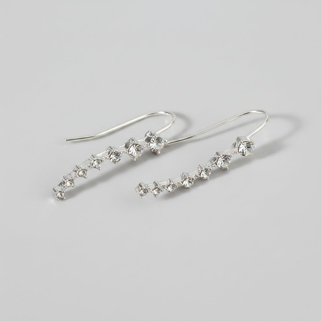 Silver earrings with clear stones on a white surface with pink flowers in the background