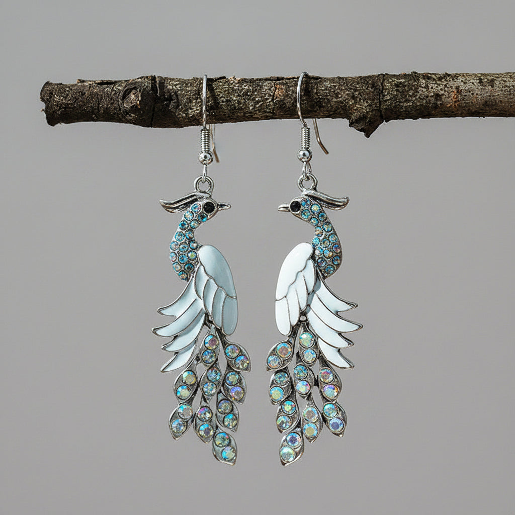 Pair of peacock feather earrings hanging on a branch with a blurred natural background