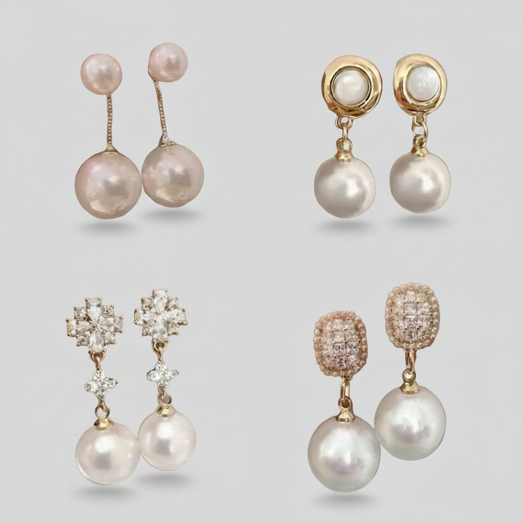 Collage of pearl stud earrings with text 'French Vintage Pearl Stud Earrings' on a neutral background.
