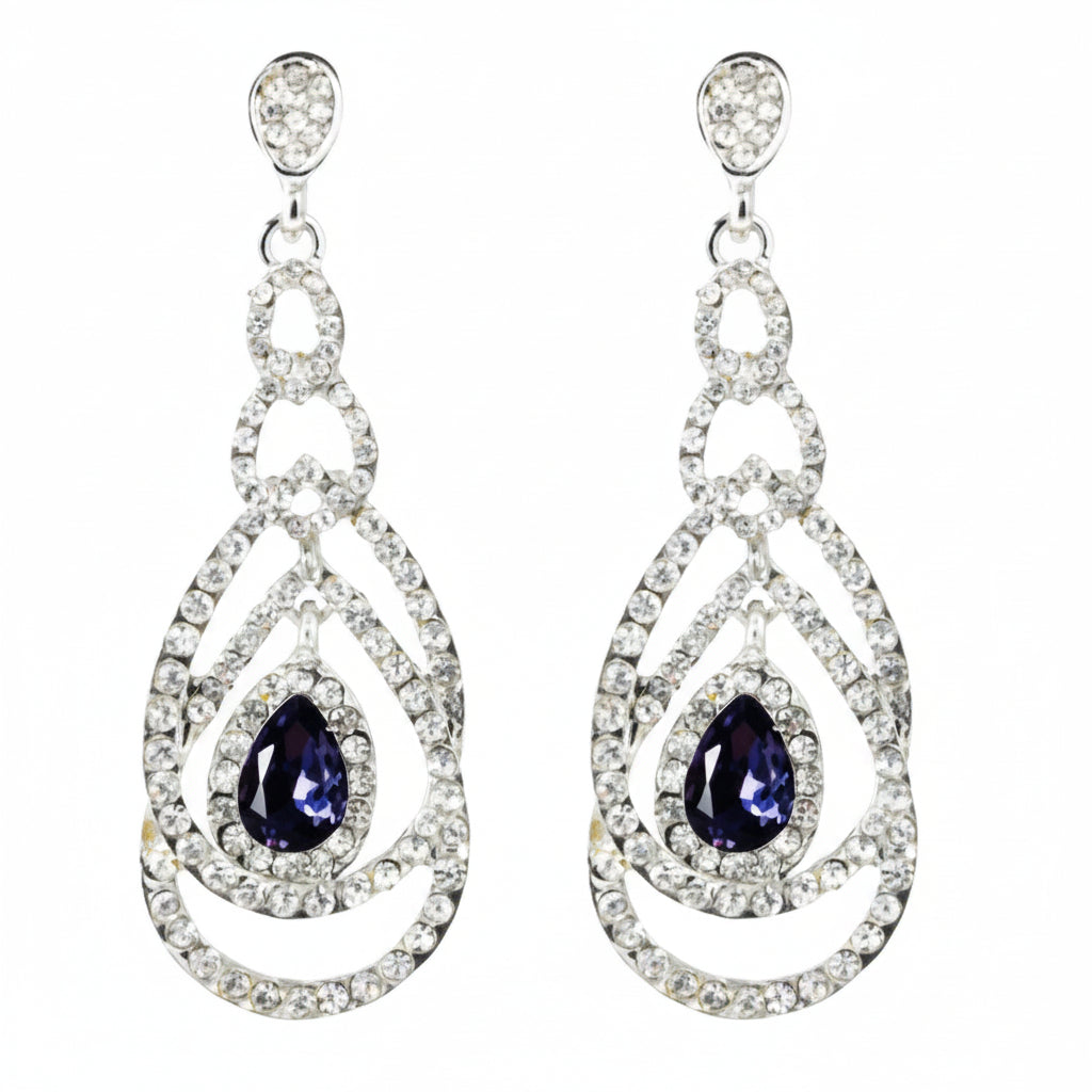 Teardrop-shaped earrings with purple gemstones and clear stones on a white background