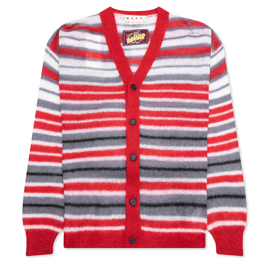 Logo-Embroidered Striped Mohair-Blend Cardigan - Red/Grey