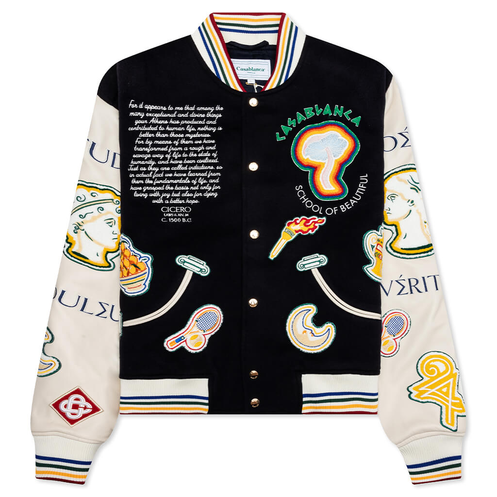 Chenille Embroidered Patchwork Bomber Jacket - Navy/Off-White