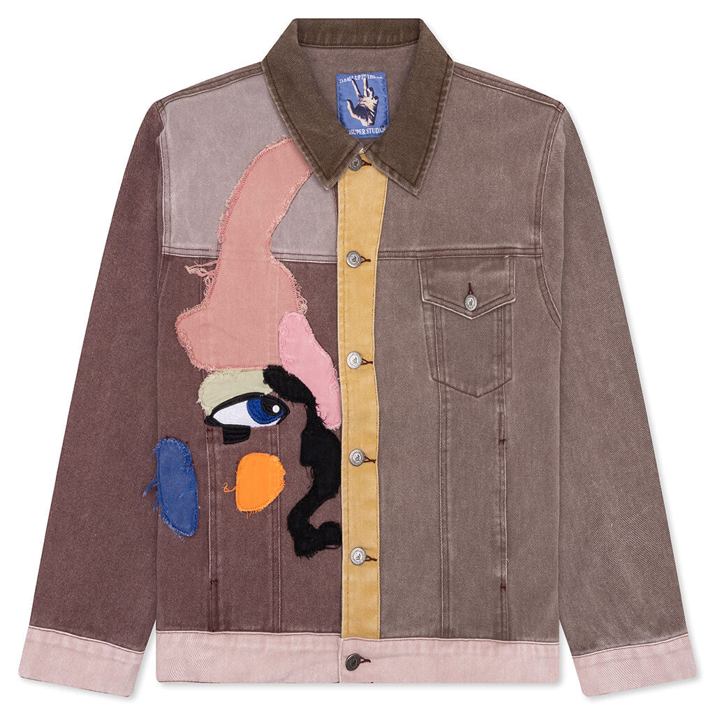 Patchwork Face Colorblocked Twill Jacket - Brown/Multi